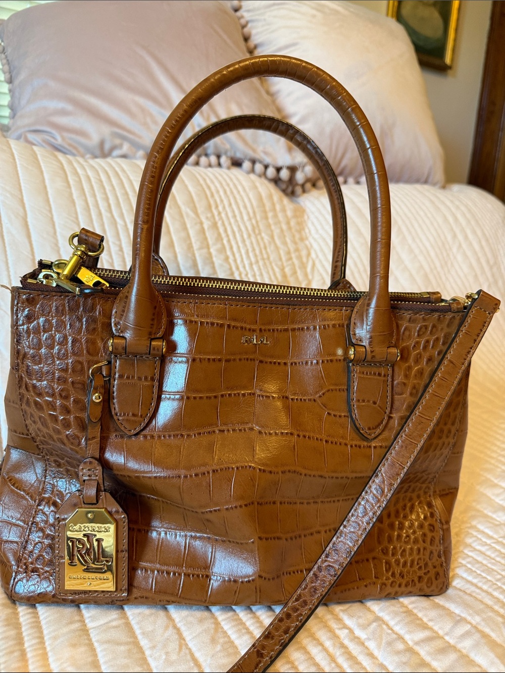 Ralph Lauren Cognac Croc-Embossed Leather Satchel